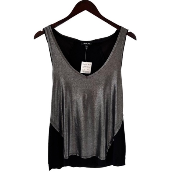 BeBe Metallic Silver and Black Sleeveless V-Neck Top Size Small - Picture 6 of 6